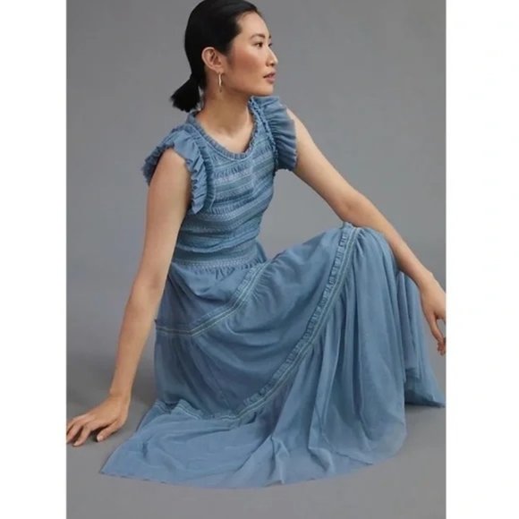 Anthropologie Dresses & Skirts - Anthropologie Smocked Ruffle Tiered Tulle Midi Blue Dress